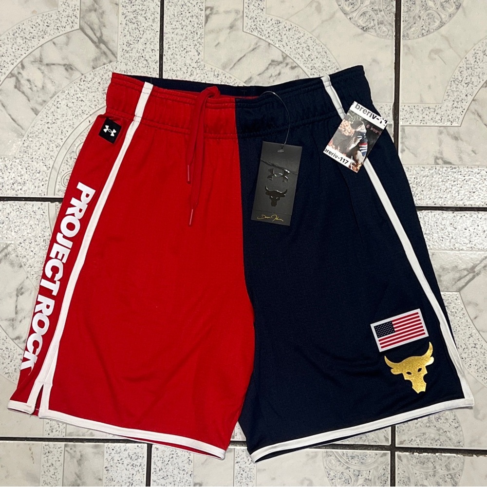 New Under Armour Project Rock Red, White, Blue Training Shorts Men’s Size S